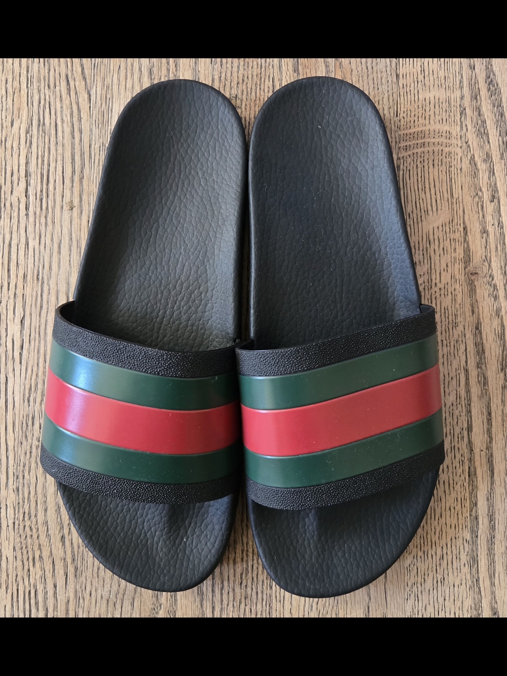 Gucci Black Slides with Green and Red Stripes